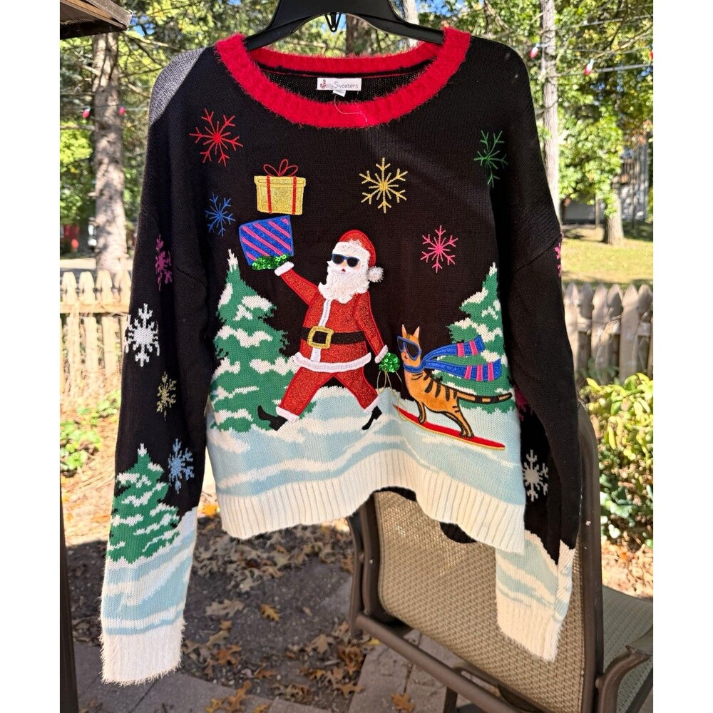 Jolly Sweaters Black Knit Pullover Sweater L Crew Neck Embroidered Santa nwot